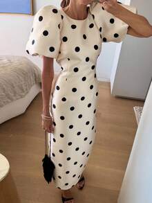 2026春夏新款时尚优雅法式波点泡泡袖收腰连衣裙，适合度假、旅行、下午茶、音乐节、街头风、女士邮轮旅行、派对礼服、优雅连衣裙、生日装、节日装、婚礼宾客礼服 白色 - 白色 - 查看 4