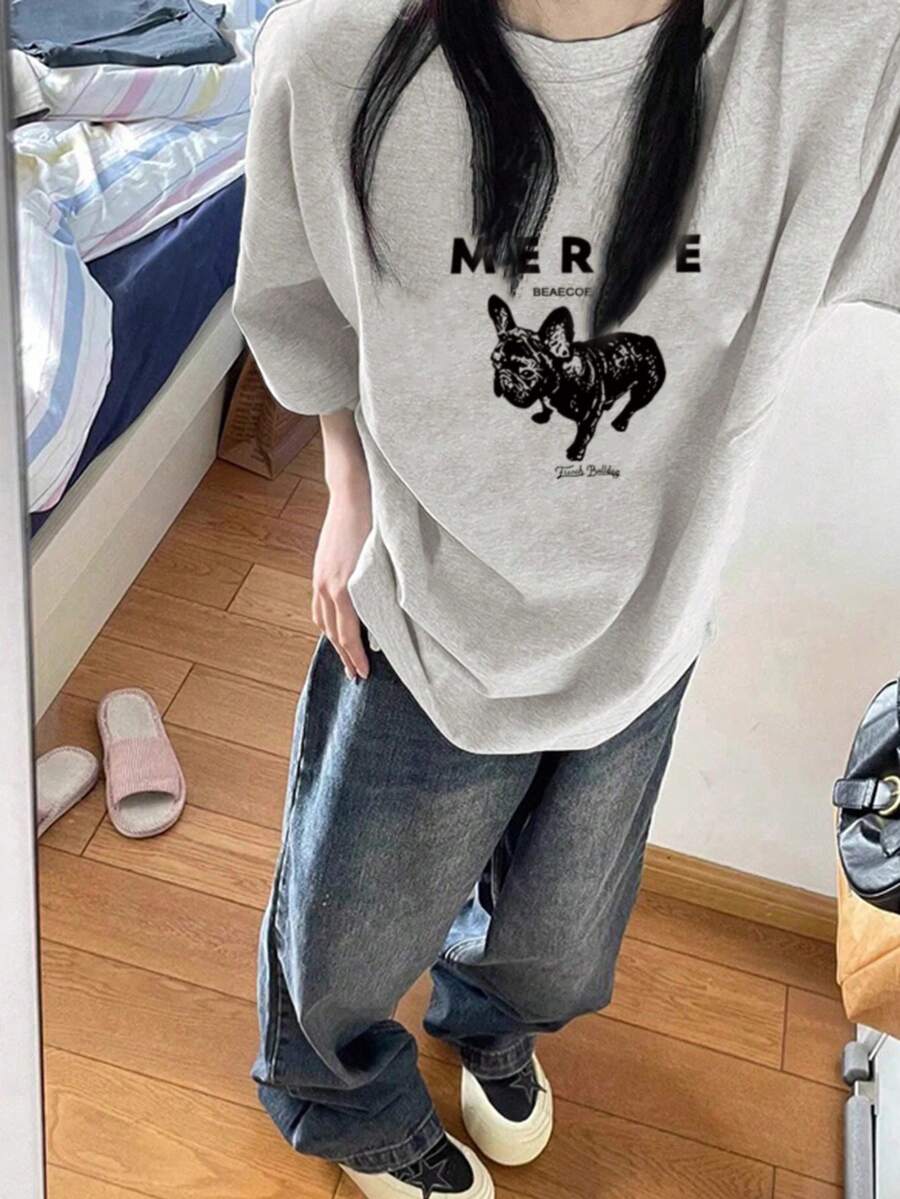 日系女式宽松圆领休闲百搭字母小狗印花短袖T恤，春夏款 - 淺花灰 - 查看 1