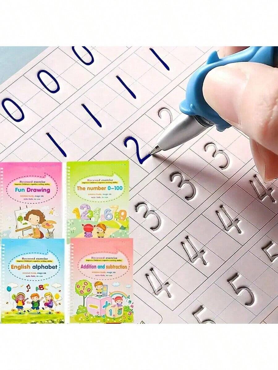 4-in-1 Kinder Kalligraphie Übungsbuch Set - Wiederverwendbare Rillen-Malvorlagen mit Stift & 8 Tintennachfüllungen, beinhaltet englisches Buchstaben, lustiges Malen, Zahlen 0-100 & Addition/Subtraktion, süße Illustrationen, Magie Tinte zum automatischen Verblassen für wiederholte Verwendung, verbessert kognitive Schreibfähigkeit, Frühförderung & Gehirntraining für Mädchen & Jungen, perfektes Oster-/Geburtstags-/Vorschulgeschenk