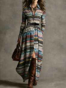 女士休闲复古格子衬衫优雅长裙，收腰设计，开衩下摆，翻领，实用风格，春季长裙 - 彩色 - 查看 1