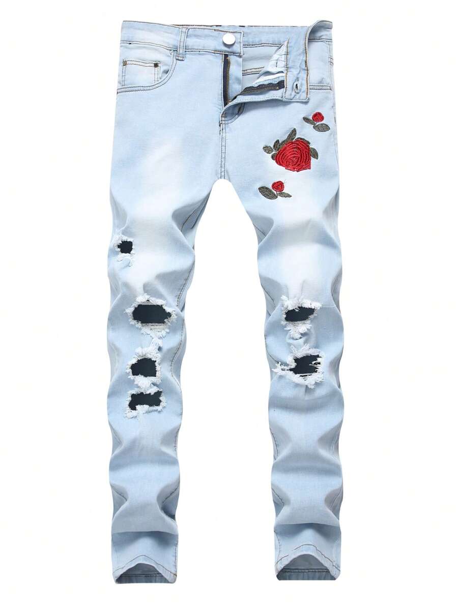 Men's Ripped Skinny Jeans - Baby Blue - View 1
