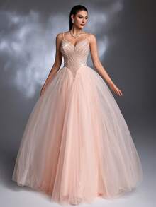 A Nude Pink Beaded Embroidered Spaghetti Strap Tulle Maxi Skirt Lace-Up Fairy Elegant Evening Gown - Dusty Pink - View 7