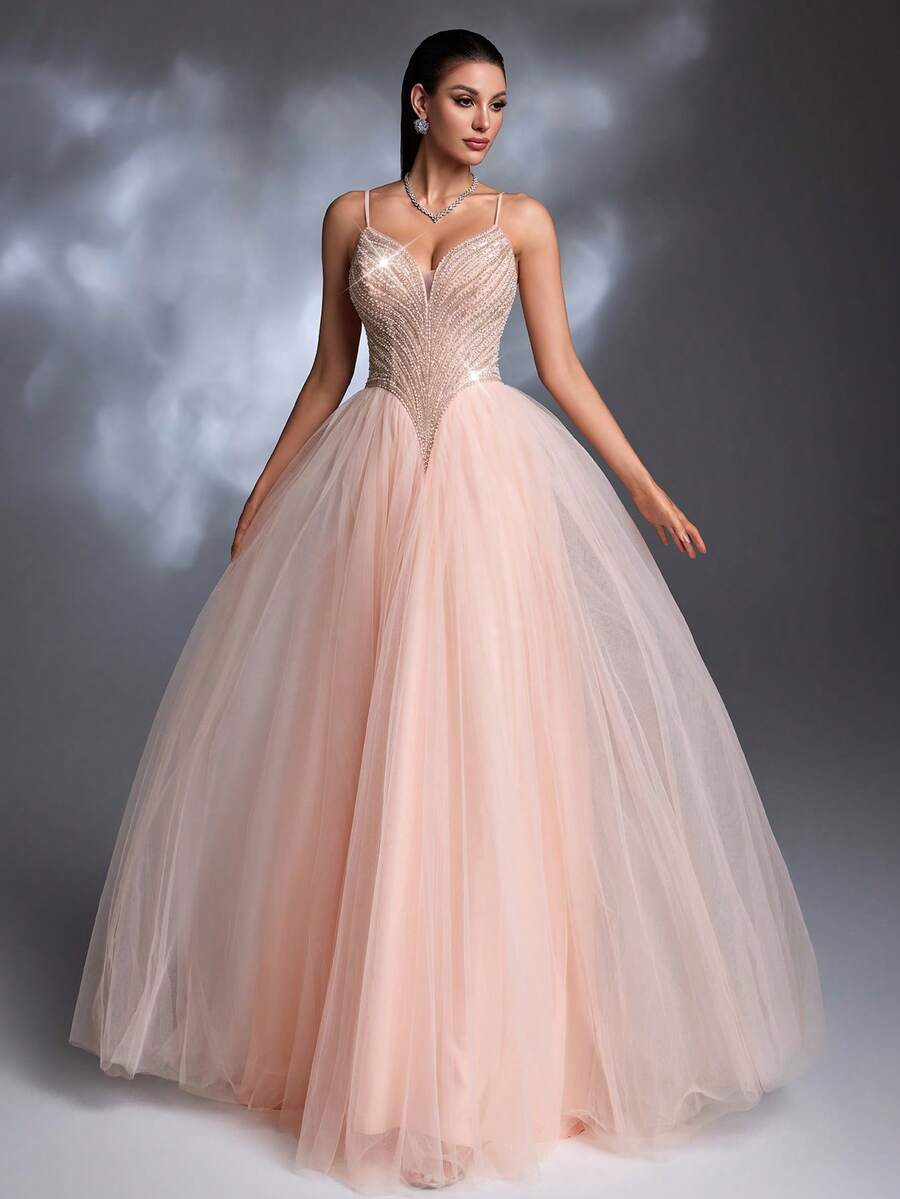 裸粉色串珠刺绣吊带薄纱长裙系带仙女优雅晚礼服 - 藕粉色 - 查看 1