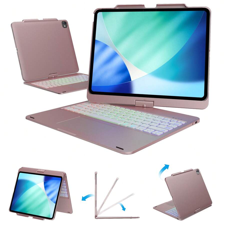 mollenmell [Only Keyboard Case]360° Rotatable Mixed RGB Backlit Keyboard Case For PAD 8.3/10.2/10.9/11/12.9/13 Inch, Silent Typing Protective Cover For Study, Office, Drawing & Binge-Watching, QWERTY Layout, US English - Pink - View 1