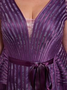 Mgiacy Purple Plus Size V-Neck Floral Mesh A-Line Dress With Sash Belt, Elegant Ladies Summer Ball, Wedding, Party, Holiday Dress - Purple - View 9
