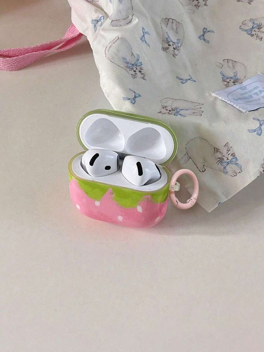 Korean Style Pink & Green Strawberry Wireless Earphone Protective Case - Fits Most Bluetooth Earphones, Cute Protective Cover With Ring Strap Set - Pink - View 1