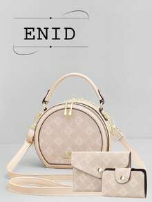 New Rhombus Print Round Cake Bag, Fashionable High-Quality Versatile Compact Women Handbag, Casual 3 Pieces Set Shoulder Crossbody Bag - Beige - View 1