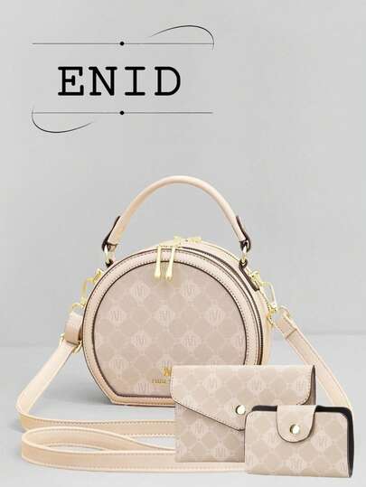 新款菱形印花圆形蛋糕袋，时尚高品质多功能小巧女士手提包，休闲三件套单肩斜挎包