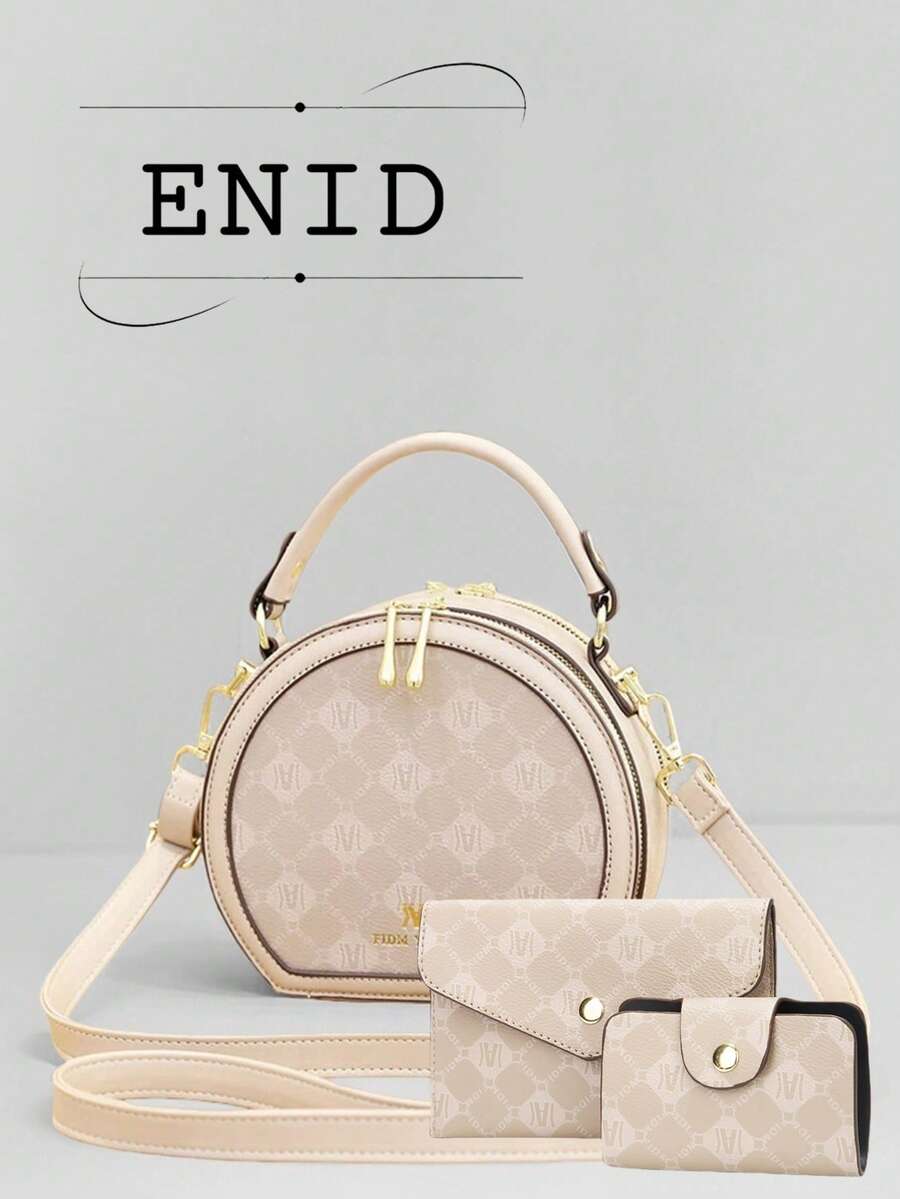 New Rhombus Print Round Cake Bag, Fashionable High-Quality Versatile Compact Women Handbag, Casual 3 Pieces Set Shoulder Crossbody Bag - Beige - View 1