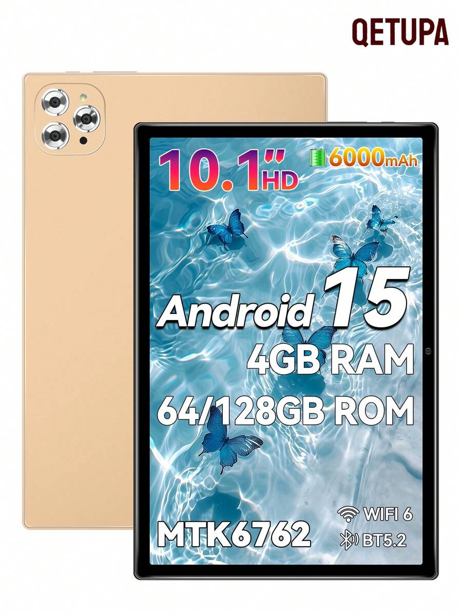 Qetupa 10.1 吋 Android 15 平板電腦,4GB RAM+128GB ROM,8 核心 MTK 6762 處理器,6000mAh 電池+Type-C 充電+5G WiFi+藍牙 5.2,5MP 前置鏡頭+13MP 後置鏡頭,1280*800 IPS HD 大螢幕 - 金色 - 查看 1