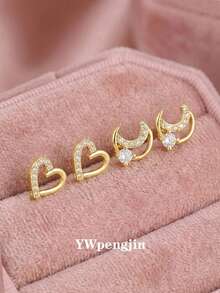 2 Đôi bông tai hình trái tim và mặt trăng đính đá Zirconia thời trang ngọt ngào, thích hợp cho dạo phố, dự tiệc, hẹn hò, du lịch, đeo hàng ngày, ngày Valentine, quà tặng kỷ niệm. - Vàng - Xem 1