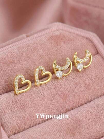 2 Pairs Sweet Fashion Zirconia Inlaid Heart & Moon Stud Earrings, Suitable For Street, Party, Date, Vacation, Daily Wear, Valentine's Day, Anniversary Gift Accessories