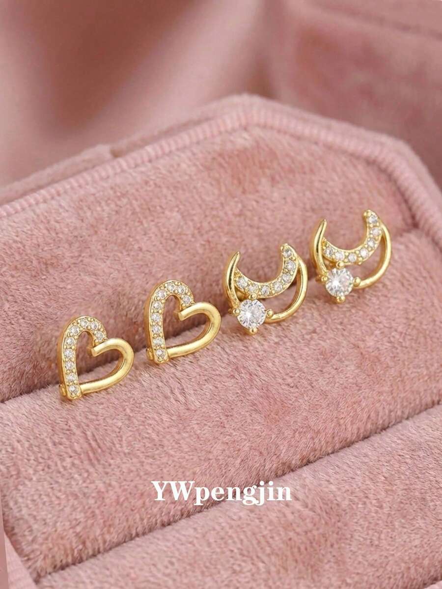 2 Đôi bông tai hình trái tim và mặt trăng đính đá Zirconia thời trang ngọt ngào, thích hợp cho dạo phố, dự tiệc, hẹn hò, du lịch, đeo hàng ngày, ngày Valentine, quà tặng kỷ niệm. - Vàng - Xem 1
