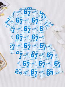 2pcs/Set Pink Striped Children's Pajamas, Featuring A Collared Shirt With Short Sleeves And Elastic Waist Shorts With Ruffle Hem Design, Adorned With Sweet Six Seven 67 Theme And Bow Print Pattern, Comfortable Loungewear/Sleepwear - Blue - View 3