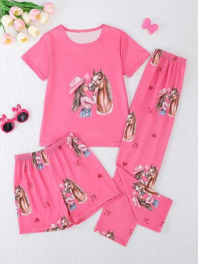 3件套女童及青少年甜美休闲牛仔帽、马匹印花圆领短袖上衣和短裤/长裤睡衣套装，阻燃，四季皆宜