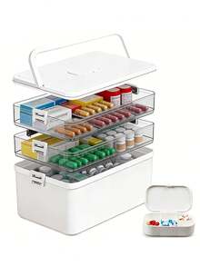 Caja de almacenamiento de plástico multicapa - 1/2/3/4/5 capas - Caja organizadora transparente con asas - Durable y fácil de limpiar - Adecuada para medicamentos, artículos de baño, herramientas de costura, artículos de oficina o estudiante - También aplicable para viajes - Blanco - Ver 1