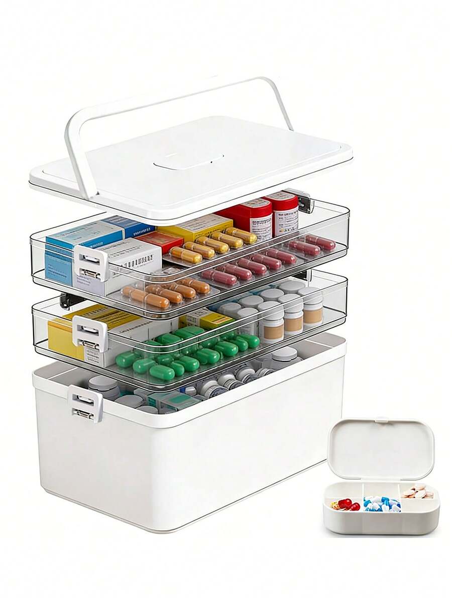 Caja de almacenamiento de plástico multicapa - 1/2/3/4/5 capas - Caja organizadora transparente con asas - Durable y fácil de limpiar - Adecuada para medicamentos, artículos de baño, herramientas de costura, artículos de oficina o estudiante - También aplicable para viajes - Blanco - Ver 1