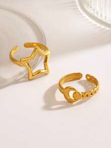 2pcs/Set Stainless Steel 18K Gold Plated Star & Moon Open Ring Set, Suitable For Women Daily Wear - Gold - View 2
