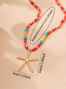 一套夏季波西米亚风多层串珠项链，手工编织绳项链，配有鱼和海星吊坠、珐琅心形和塔罗牌不锈钢吊坠、彩色玻璃珠沙滩风项链，适合度假佩戴 - 彩色 - 查看 7