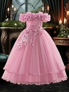 Flower Girl Dress Off Shoulder Ruffle Neck Sequin Embroidery Bow Ball Gown Princess Dress For Girls For Wedding Birthday Party - Dusty Pink - View 3