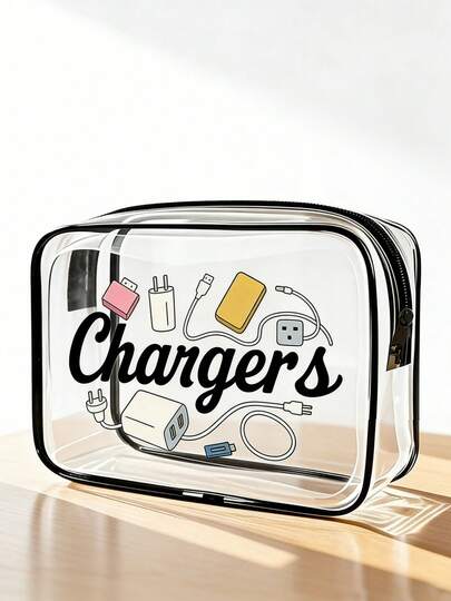 Arrival!All-In-One Charger Travel Organizer - Transparent Toiletry Bag, Travel Essential, Portable Zipper Travel Makeup Bag, Beach Clear PVC Toiletry Bag, Waterproof Storage Pouch, Transparent Organizer Bag, Cable And USB Organizer Bag, Airport Approved PVC Cosmetic Bag For Chargers, Cables And Power Banks 7J30