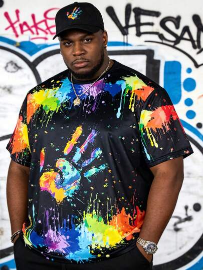 大码男士彩色泼墨手印圆领透气休闲短袖 T 恤