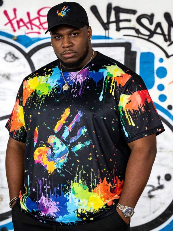 大码男士彩色泼墨手印圆领透气休闲短袖 T 恤