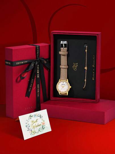 LUCKYFOX 1pc Battery-Powered Watch With Elegant Bracelet Gift Set, Fashionable Vintage Style, High-End Aesthetic, Minimalist Design With Rhinestone Accents, Iridescent Dial, Leather Strap, Quartz Movement, Luxury Gift Box With Greeting Card, Suitable For Holidays, Valentine's Day