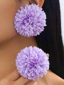 梦幻优雅尖刺球形仿真花耳环，非洲菊耳环，女士派对礼物 - 紫丁香色 - 查看 1