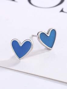 HuooNew 1 Pair S925 Sterling Silver Blue Heart Stud Earrings, Klein Blue Resin Heart Minimalist Niche Women's Earrings - Silver - View 5