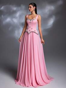 A Pink Rhinestone-Embellished Square Neck Peplum Lace-Up Chiffon Train Court-Style Luxury Evening Gown - Pink - View 3