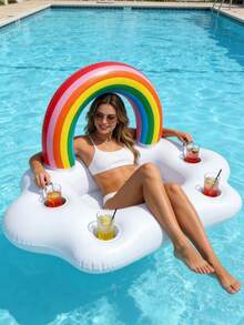 Flotador inflable en forma de nube arcoíris con portavasos - Material de PVC, ideal para fiestas de verano y diversión en la playa, juguete inflable para piscina - Imagen - Ver 1