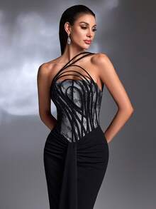 A Black Lace-Paneled Wrapped One-Shoulder High-Slit Lace-Up Mermaid Train Sexy Retro Evening Gown - Black - View 1