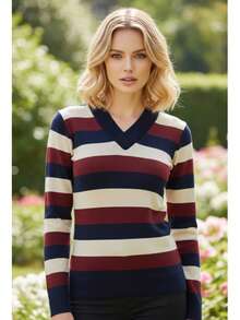 Women's Cold Weather Blouse | Women's Striped Long Sleeve Blouse | Striped V-Neck Blouse | Stripes - 藏蓝色 - 查看 1