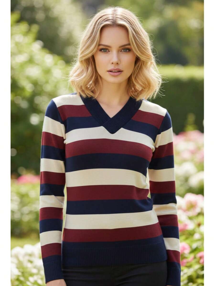 Women's Cold Weather Blouse | Women's Striped Long Sleeve Blouse | Striped V-Neck Blouse | Stripes - 藏蓝色 - 查看 1