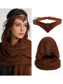 2件套中世纪维京头饰和围巾套装，凯尔特结头饰和围巾，适用于角色扮演游戏和文艺复兴集市 - A - 查看 10