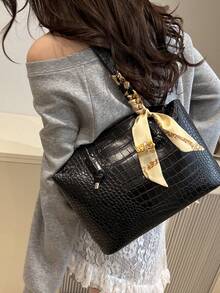 New Arrival Luxury Solid Color Versatile Women Shoulder Tote Bag - Black - View 4