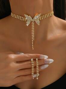 Butterfly Tassel Long Necklace, Earrings & Jewelry 3 PiecesSet, Minimalist Design, Party & Bridal Accessories - Gold - View 3