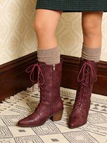 Women's Retro Pointed Toe Boots Fashion Block Chunky Heels Side Zipper Lace-Up Casual Party Dress Fall Vintage Mid Calf Boots Woman - 酒紅色 - 查看 3