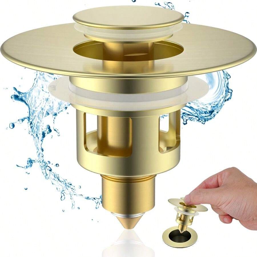 All Metal Universal Bathroom Sink Stopper 1.1''2.3'' Basin, Up Sink Drain Strainer, Brass Bullet Core Push Type Stopper, Stainless Steel Anti Clogging Drain Brushed Gold - Brushed Gold Finish + 1 - View 1