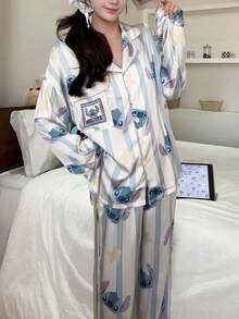 2pcs Disney Stitch Print Cotton Pajama Set, Long Sleeve, Spring/Autumn - Dusty Blue - View 7