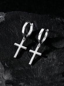 1 Pair Unisex Street Style Cross Pendant Earrings, Minimalist Smooth Surface, Fashion Double Circle Luxury Zirconia Cross Drop Earrings, Unisex Hiphop Versatile Earrings Suitable For Religious, Party, Festival And Daily Wear - Multicolor - View 2
