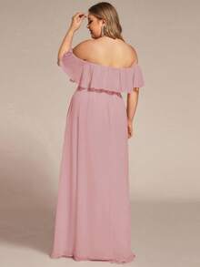 EVERPRETTY Plus Size Women's Off-Shoulder Ruffle Hem Side Slit Elegant Lotus Pink Bridesmaid Dress, Suitable For Wedding, Birthday Party In Spring/Summer - Dusty Pink - View 2