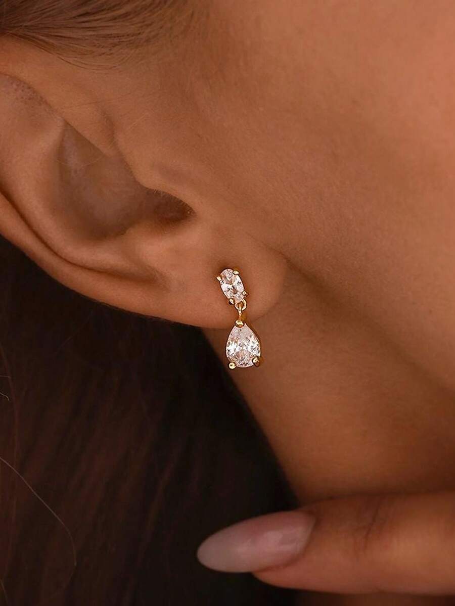 女士垂坠耳环，正式婚礼新娘耳环，14K镀金长款立方氧化锆水滴耳环，精致垂坠耳环，伴娘水滴耳环，舞会首饰