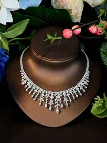 1 Set de Joyería Lujosa, Decoración de Hojas y Geométrica de Circonita Cúbica, Adecuado como Regalo de Compromiso para Mujeres - Plateado - Ver 8