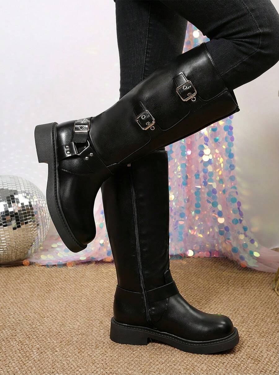 High Boots For Women's Mid Calf Fashion Dressy Motocycle Biker Military Style Combat Chunky Boots Low Heel Platform Shoes - 黑色 - 查看 1