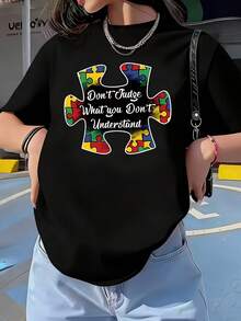 1 Pcs Autism Awareness Puzzle Women's Plus Size T-Shirt Oversized Graphic Short Sleeve Tee Novelty 100% Polyester Shirt Casual Crew Neck Top 220g - màu đen - Xem 1