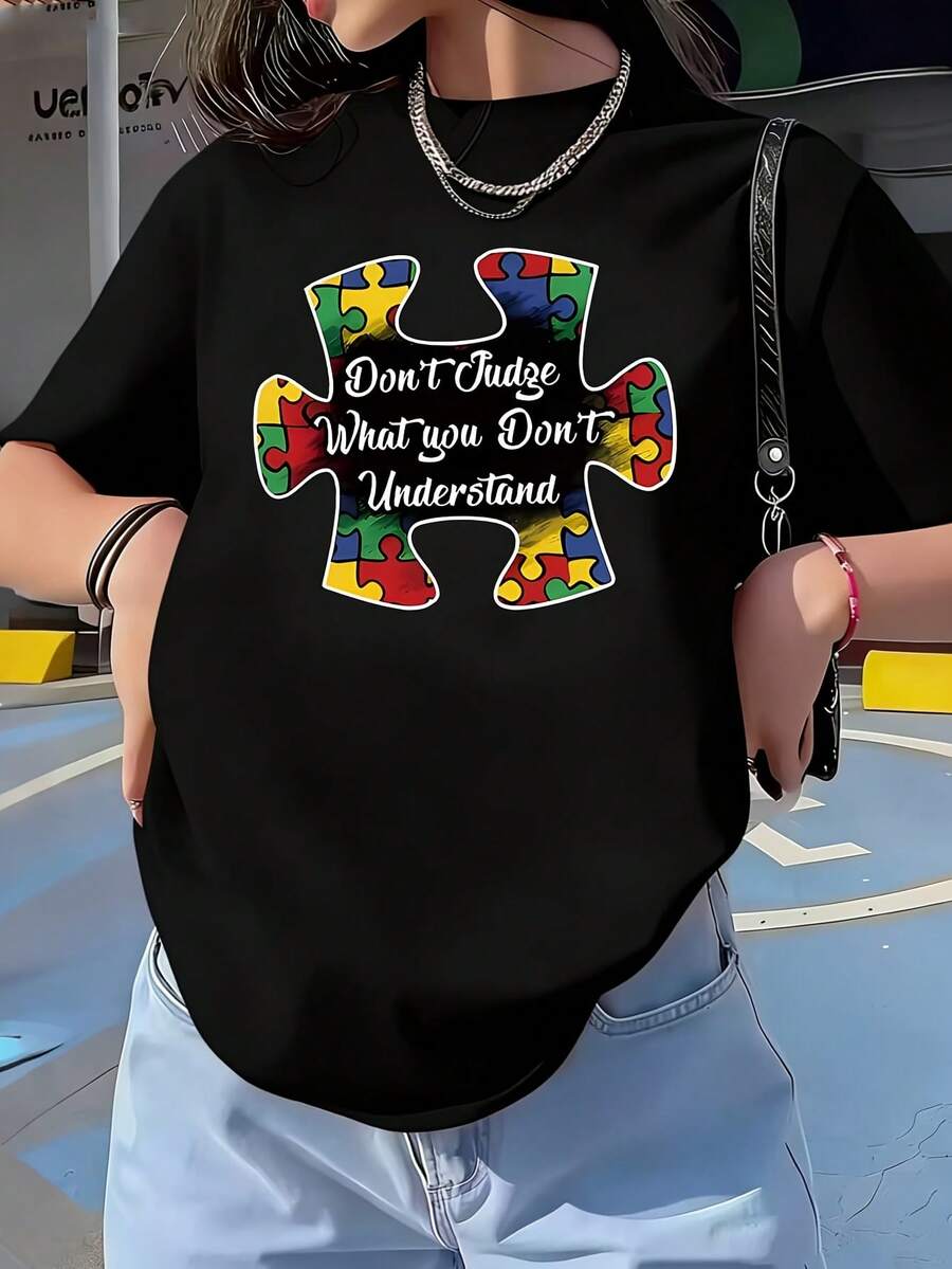 1 Pcs Autism Awareness Puzzle Women's Plus Size T-Shirt Oversized Graphic Short Sleeve Tee Novelty 100% Polyester Shirt Casual Crew Neck Top 220g - màu đen - Xem 1