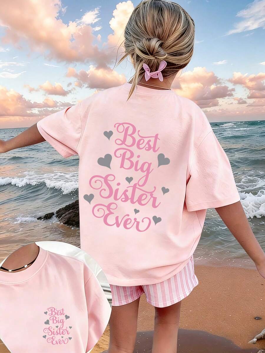 少女休闲印花圆领短袖T恤，夏季上衣 - 粉色 - 查看 1