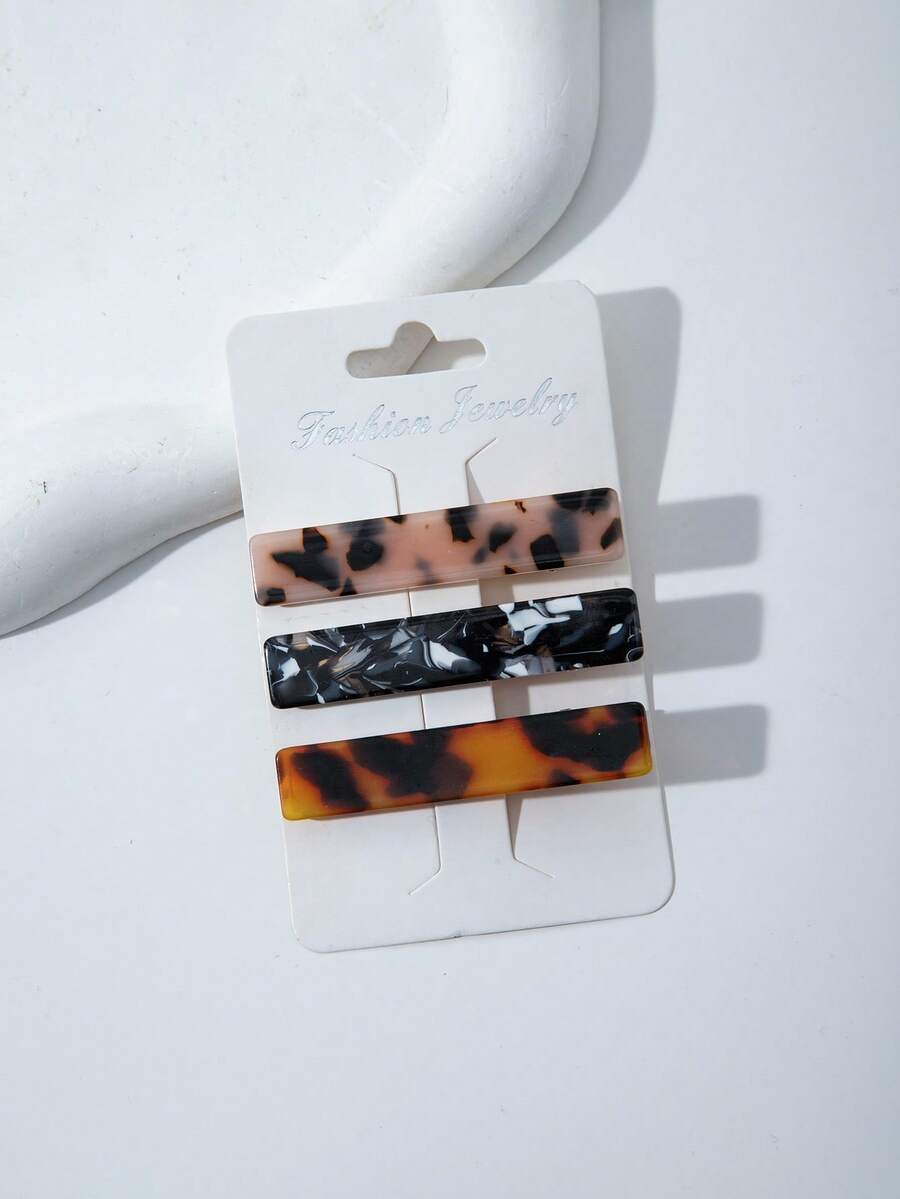 Set de 3 pinzas para el cabello de aleación de hierro cuadradas de 6 cm con estampado de leopardo, adecuadas para uso diario - Multicolor - Ver 1